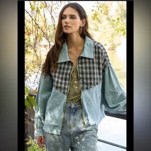 POL 100% Cotton Plaid Patchwork Denim Jacket Women’s Size Small